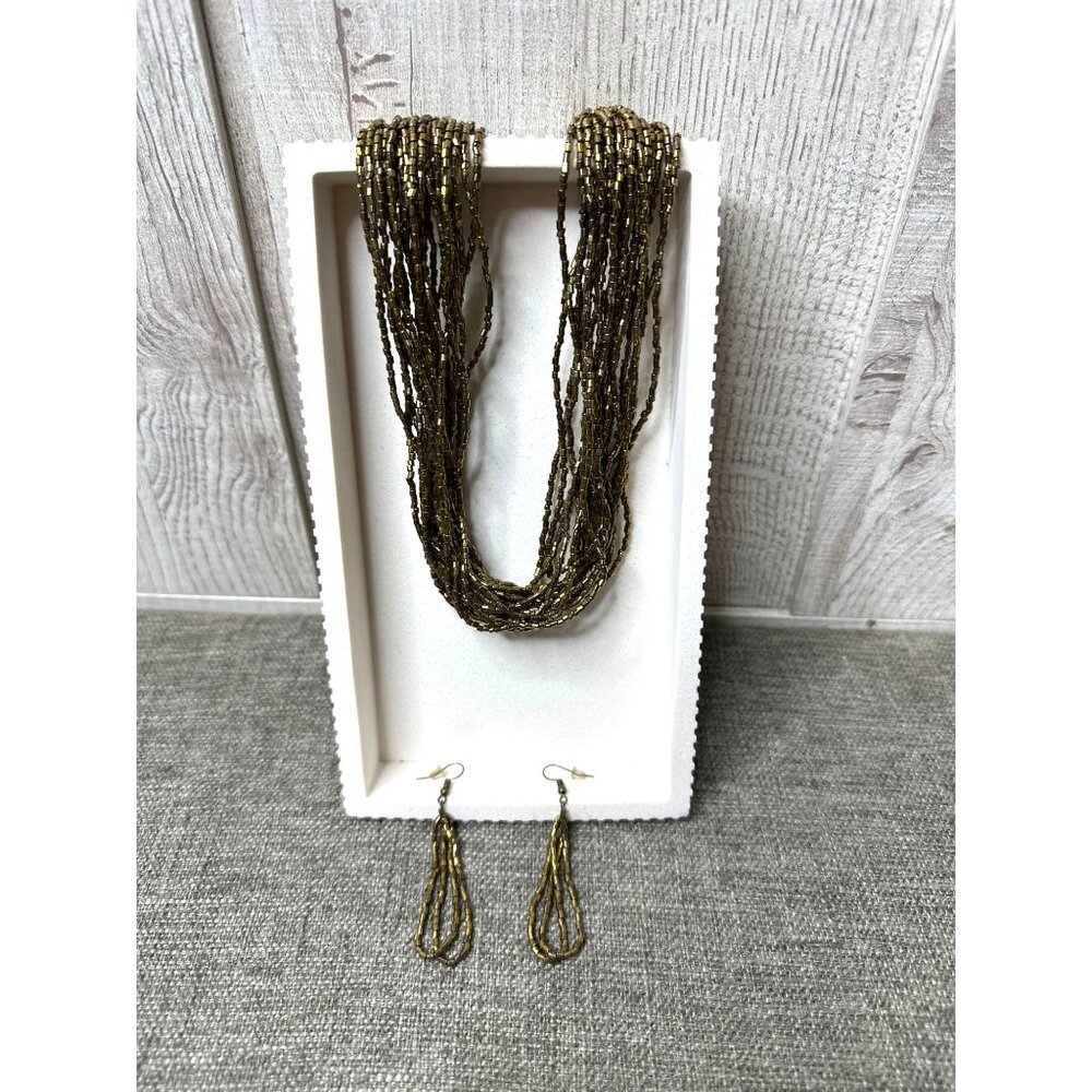 Gold Multi-Strand Beaded Necklace & Earrings Set With Adjustable Chain Closure